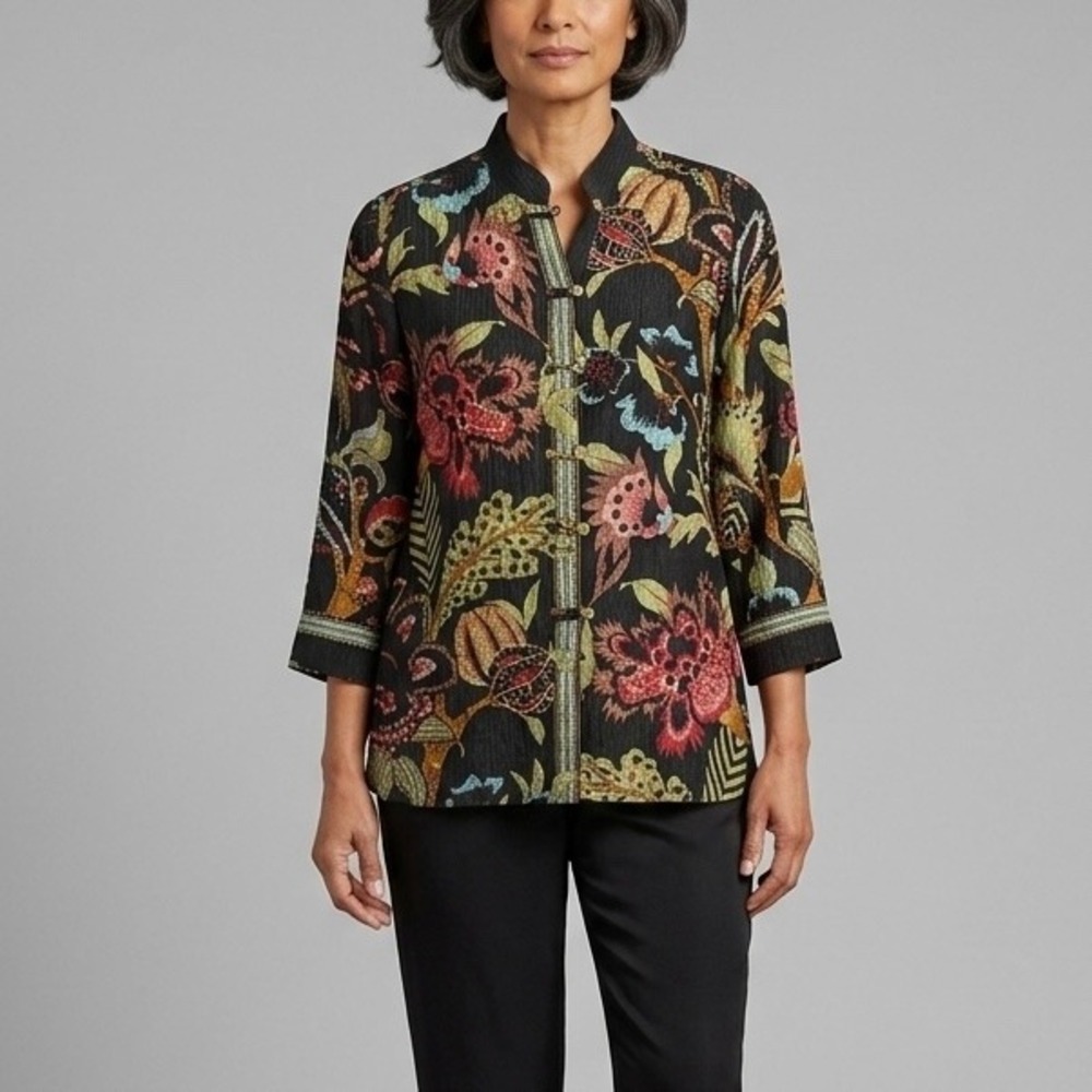 Citron Santa Monica Silk Floral Mandarin Collar Frog Button Blouse Black Size XS